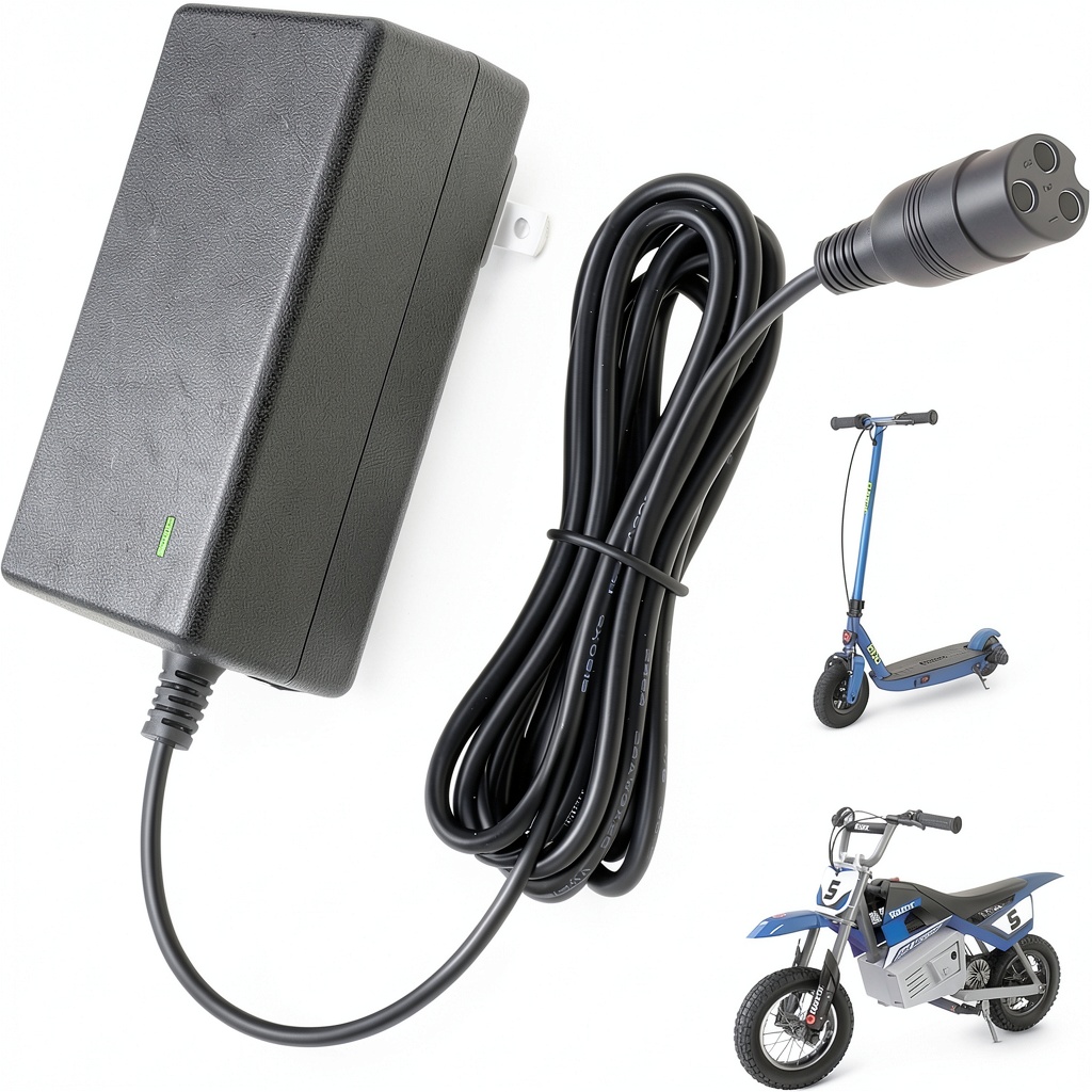 KAVCENT 24V charger plugged into a Razor scooter battery on a garage bench