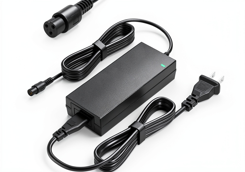 Jucuwe 42V scooter charger plugged into a wall outlet in a garage