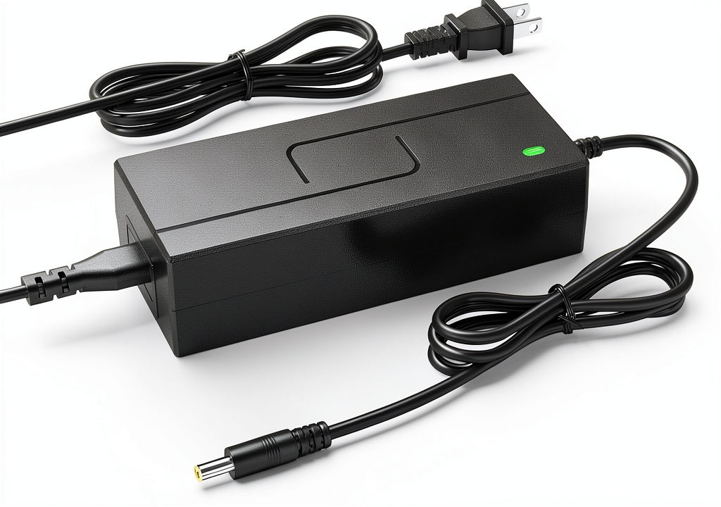 SAYSOLAK 42V charger plugged into a garage outlet beside an electric scooter